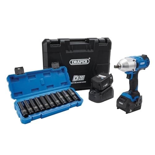 Image of Draper D20 20V Brushless Mid-Torque Impact Wrench Kit, 1/2" Sq. Dr, 400Nm, & Metric Deep Impact Socket Set (10 Piece)