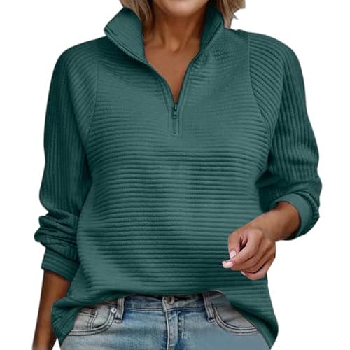 Image of Ladies Fleece Jackets Full Zip, Women's Half Zip Jumper Ribbed Knit Pullover Long Sleeve High Neck Casual Top for UK Ladies Green S