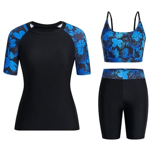 Image of Owntop Womens 3-Piece Rash Guard | UPF50+ UV Swim Shirt | Short Sleeve Rashguard Shirts & Bikini Top & High Waist Boyshorts | Modest Swimwear Swimsuits | Swimming Surfing | Deep Blue XL