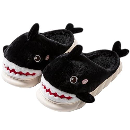 Image of LANFIRE Women's Animal Shark Slippers - Soft, Warm, Plush Cotton Slippers - Black, Size 5.5 (UK), Medium