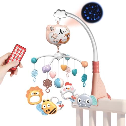 Image of Aolso Baby Crib Toy, Baby Rabbit Crib Mobile with Music and Lights, Cot Mobile Toy with Timing Function Projector and Remote Control, Baby Crib Toys for Boys Girls (Pink)