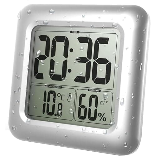 Image of Large Waterproof Bathroom Shower Wall Clock, Big LCD Display Digital Water Resistant Indoor Outdoor Temperature Humidity Clock, Easy Read Hanging Clock for Elderly, Suction Cup, Table Stand (Silver)