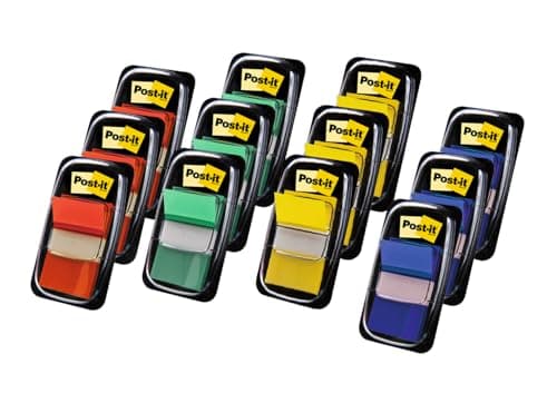 Image of Post-it Index Flags, Medium, Assorted Colours, 10 + 2 FREE Dispensers, 25.4 mm x 43.2 mm, 50 Flags per Dispenser - To Mark, Highlight or Color Code Important Information