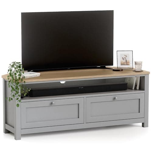 Image of CHRISTOW Corner TV Unit with Storage & Oak-Effect Top, Modern Television Stand with 2 Drawers & Open Shelf, Space-Saving MDF Media Cabinet for Living Room, Matte Painted – Grey, H45 x W115 x D45cm
