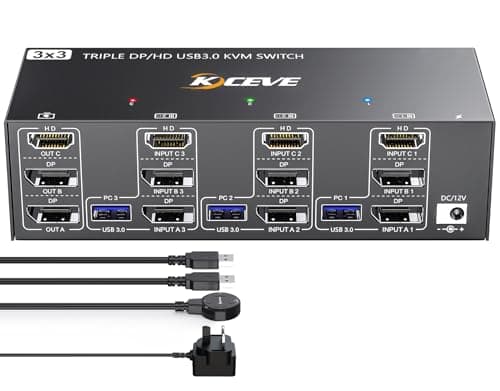 Image of YOUTINGHDAV KVM Switch 3 Monitors 3 Computers Displayport HDMI 8K@60Hz 4K@144Hz, KVM Switch Triple Monitor for 3 Computers Share 4 USB 3.0 Ports, Wired Remote(8K DP HDMI 3 in 3 out KVM)