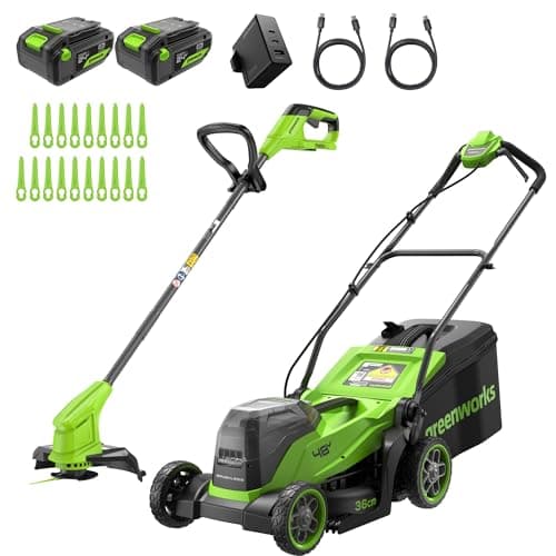 Image of Greenworks 48V (24V x 2) Lithium‑Ion Cordless Lawnmower, 36cm Cutting Width, up to 400m², plus Cordless Grass Trimmer with Automatic Feed Head, includes 1 x 4Ah Battery & Charger – MTCK48B421-01