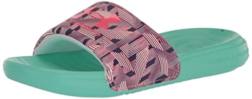 Image of Under Armour Ansa Graphic Fixed Strap Slide Sandals for Kids, (104) White/Breeze Green/Shock Pink, 21.0 cm