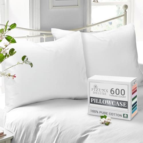 Image of Pizuna Pure Combed Cotton Housewife Pillowcases 2 Pack White 48x74cm, 600 Thread Count 100% Long Staple Combed Cotton Pillow Cover, Soft Sateen Housewife Pillow Cases (100% Cotton Pillowcase)