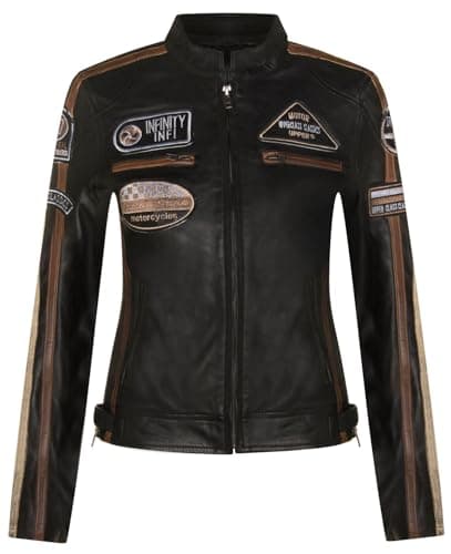 Image of Womens Black Leather Biker Casual Racing Moto Badges Jacket