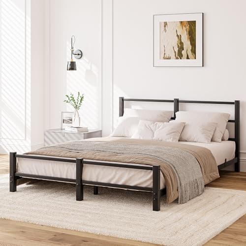 Image of HAHRIR 16cm Low Profile King Bed Frame with Headboard, 5ft Metal Sturdy Steel Slat Support, Noise-Free 150x200cm Platform Mattress Base, No Box Spring Needed, Black