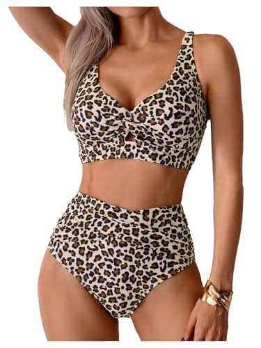 Image of GORGLITTER Women's Leopard Print High Waisted Bikini Sets Twist Front Top Ruched Bottom 2 Piece Vacation Swimwear Apricot Medium