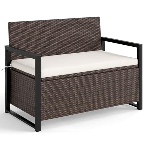 Image of COSTWAY 2 Seater Garden Storage Bench, PE Rattan Deck Box Seat with 150L/170L Box and Padded Cushion, Wicker Outdoor Loveseat Park Bench Chair (Mix Brown, 117 x 62 x 85 cm)