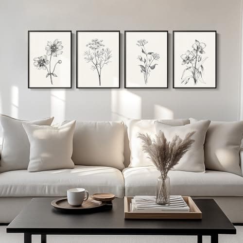 Image of Framed Black and White Floral Wall Art for Living Room, 4 Piece Vintage Botanical Canvas Painting Prints Artwork for Walls, Rustic Minimalist Flower Pictures for Bedroom Hallway Kitchen Wall Decor