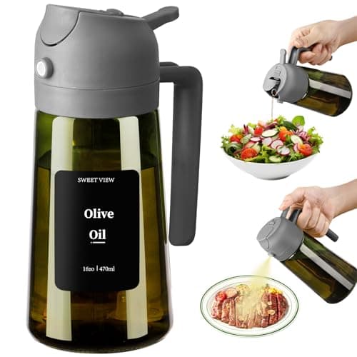 Image of SWEET VIEW Olive Oil Dispenser and Sprayer – 16oz/470ml Glass Light-Proof Pour Bottle, Kitchen Gadgets Accessories for Air Fryer, Cooking, Salad, and BBQ with Stickers, Grey