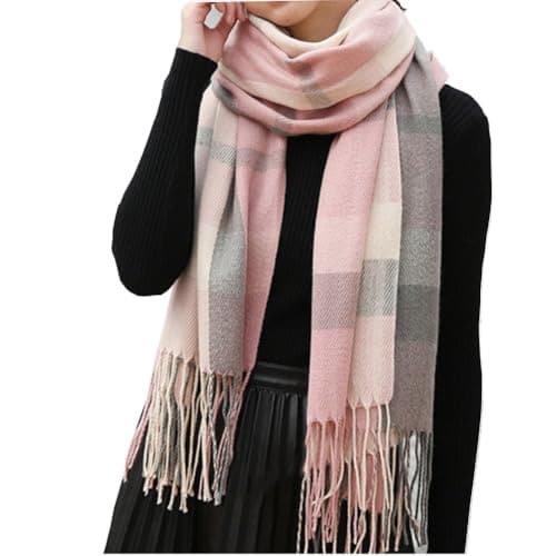Image of Mocasor Plaid Blanket Scarves for Women, Ladies Fashion Winter Warm Tartan Long Checked Shawls and Wraps (Pink Grey)