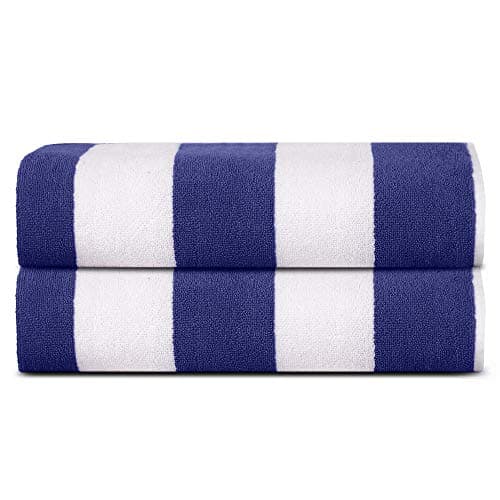 Image of SweetNeedle Beach Towels for Adults Pack of 2 - Royal Blue-White Cabana Striped Classic - 100% Cotton Terry Ringspun Pool Towel, Quick Dry, Super Absorbent Swimming large towel, 76x152 cm