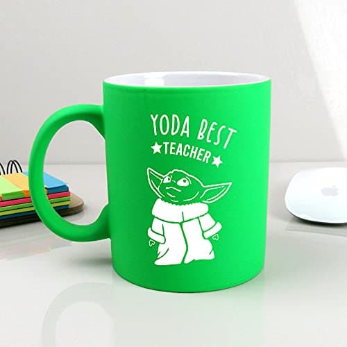 Image of eBuyGB Personalised Coffee Mug, Neon Green Baby Yoda Mug, 310ml Star Wars Themed Tea Cup, Teacher Appreciation, Thank You Gifts (Yoda Best Teacher)