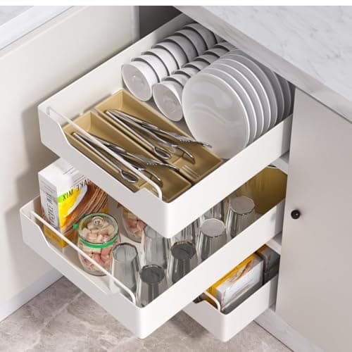 Image of CROWNSHOP Pull Out Cabinet Organiser 2PCS Kitchen Cupboard Organiser Adjustable Pull Out Kitchen Storage No Drilling and Nailing Required White 42 * 25 * 6.8CM (2 PCS)