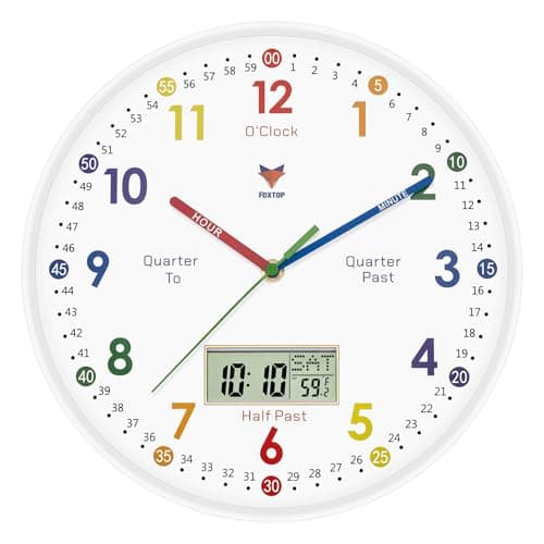 Image of Foxtop Kids Learning Wall Clock Silent Analogue 12 Inch Teaching Clock for Classrooms Children's Room Clocks with Time Week Temperture LCD Display