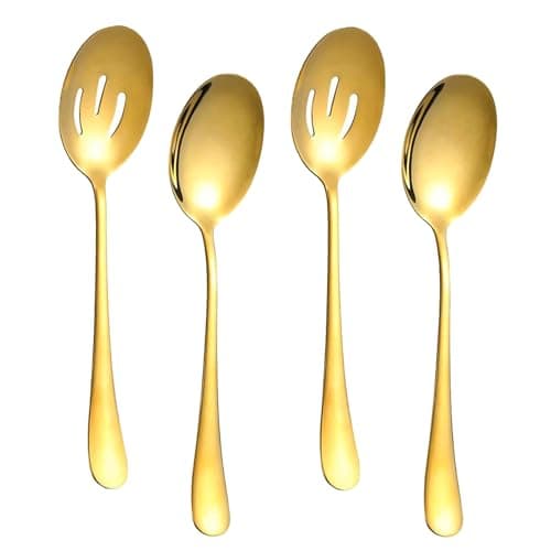 Image of 4 Pieces Serving Spoons Set, Includes 2 Serving Spoon and 2 Slotted Spoon, 8.8 Inch Stainless Steel Buffet Banquet Spoons for Home Parties, Gold