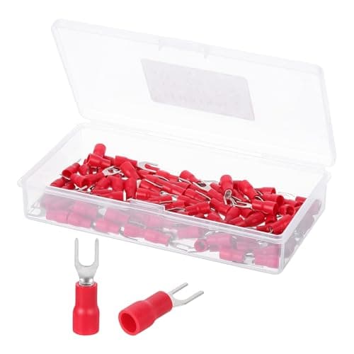 Image of sourcing map Insulated Fork Spade Connectors, 22-16AWG SV1.25-3 U-Type Tinned Copper Waterproof Fork Crimp terminals Connectors for Industrial Electrical Marine Wiring, Pack of 100 (Red)