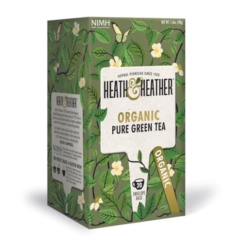 Image of Heath & Heather Organic Pure Green Tea | Individually Wrapped Caffeine-Free Herbal Tea Infusions | 1 Pack of 20, Total 20 Tea Bags