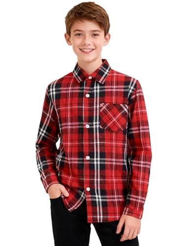 Image of mintgreen Boys Checked Shirt, Kids Casual Button Down Cotton Long Sleeve Tops, Red Plaid, 9-10 Years, 150