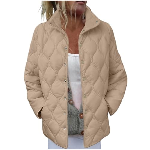 Image of AnnSemo Womens Quilted Jackets Winter Casual Plain Coats Long Sleeve Lightweight Jackets for Women UK Stand Collar Button Up Outerwear Ladies Padded Coats with Pockets