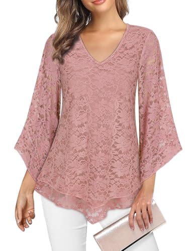 Image of Gemulate Elegant Pink Lace & Floral V-Neck Chiffon Ruffle 3/4 Sleeve Top for Women - XXL