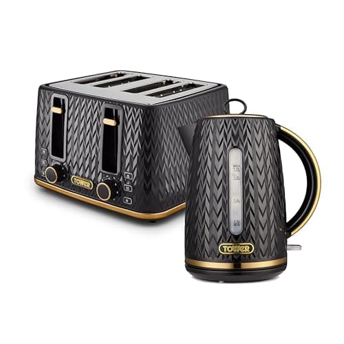 Image of Tower Empire Kitchen Set, 1.7L Rapid Boil Kettle and 4 Slice Toaster, Black with Brass Accents, T10052BLK & T20061BLK