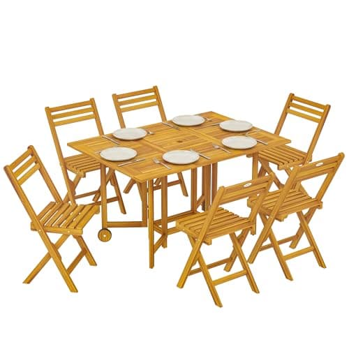 Image of Outsunny 7 Pieces Garden Dining Set, Extending Dining Table and 6 Folding Chairs with Umbrella Hole, Garden Furniture Set with FSC-Certified Acacia Wood for Patio, Natural Wood