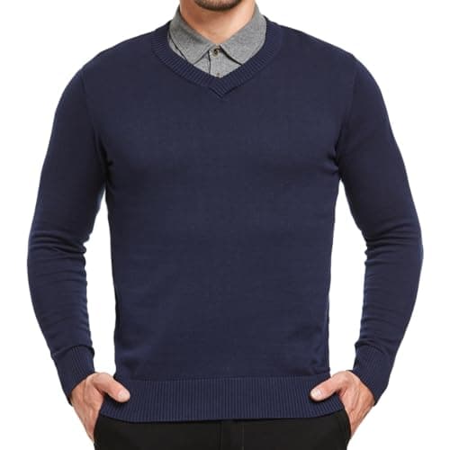 Image of JustSun Mens Jumper Classic Sweater with V-Neck and Long Sleeve Blue X-Large