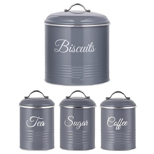 Image of Innoteck Airtight 5.3L Biscuit Tin with Lid & Tea Coffee Sugar Canisters Set of 3 – Metal Cookie Jar and Food Storage Containers for Freshness and Organisation, Grey