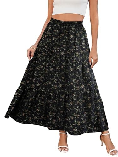Image of Timuspo Tiered Maxi Skirt with Pockets Long Flower Leave Black Skirts for Women UK Flowy Swing Elasticated Waist M