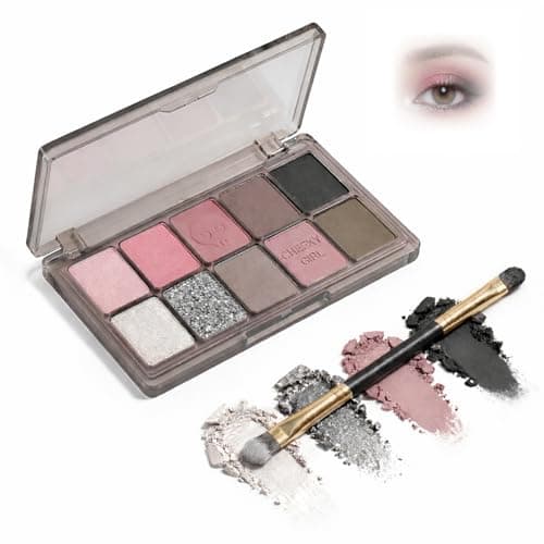 Image of Nine-Colour Matte Shimmer Glitter Eyeshadow Palette - Square Pans with Pink Champagne Gold Olive Silver Shades for Day Night Makeup Looks, Versatile Compact Set with Dual-Ended Brush