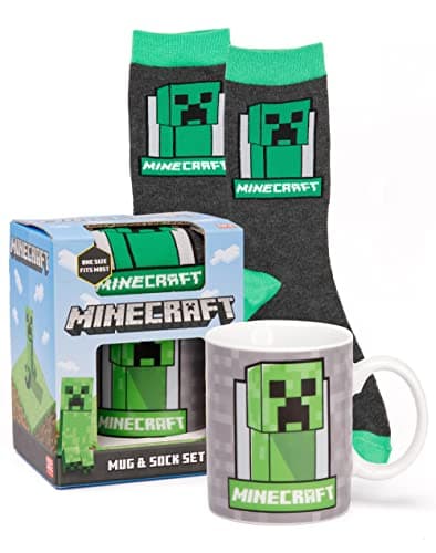 Image of Minecraft Cup and Socks for Kids | Creeper Face Coffee Mug One Size Socks | Gaming Presents Birthday Christmas | Green Grey Blue Ceramic Homeware 11oz
