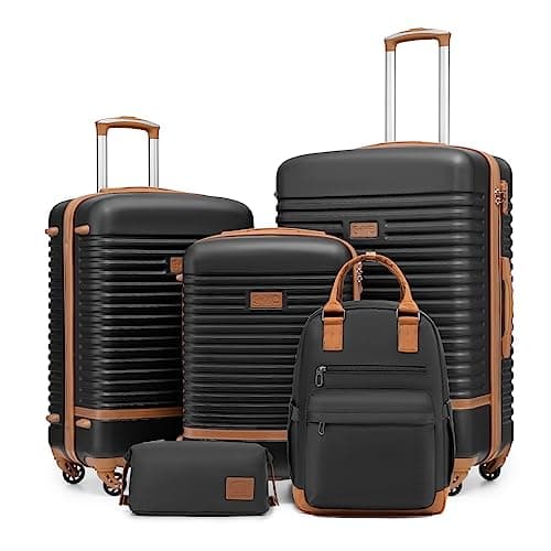 Image of COOLIFE Suitcase Set, 5 Piece Luggage Sets with Travel Backpack and Toiletry Bag for Family Travel, TSA Lock 360° Spinner Wheels (Black/Brown, 5 Piece Set)