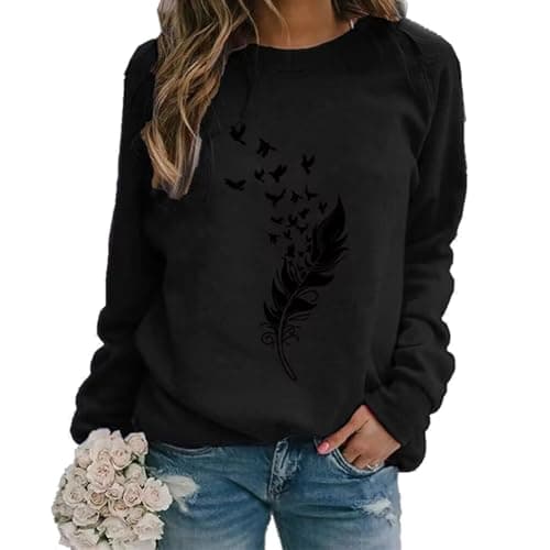 Image of Lemooner Sweatshirts for Women Autumn Winter Casual Pullover Blouses Tops Womens Sweatshirts Crewneck Print Long Sleeve Jumpers Sweatshirts Loose Sportswear,Black,XXL