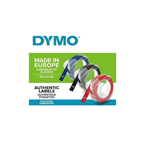 Image of DYMO Authentic Embossing Labels | 9mm x 3m | Black, Blue & Red Self-Adhesive Labelling Tape | for Embossing Label Makers | 3 Count | Made in Europe