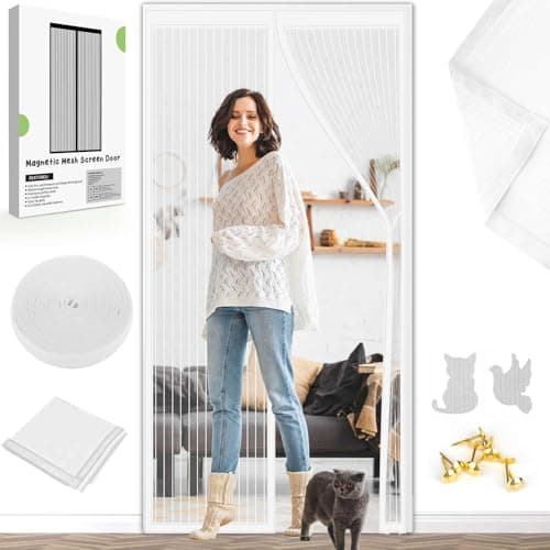 Image of Magnetic Fly Screen Door Curtain - Fly Curtains 80X200cm for Doors with Powerful Magnets and Full Frame Magic Tape, Fly Nets for Door Without Drilling, Suitable for Patio Doors Balcony Bedroom(White)