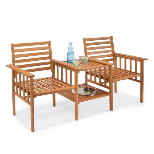 Image of VonHaus Garden Love Seat - Acacia Hardwood Outdoor Jack & Jill Loveseat with Teak Oil Coating - Wooden Tete a Tete for 2 People for Patio & Terrace - Weather Resistant - Cannes