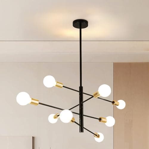 Image of Warmiehomy Modern Sputnik Ceiling Light 8 Lights,Adjustable Industrial Sputnik Chandelier Light,E27 Semi Flush Mount Ceiling Light for Kitchen,Dining Room,Living Room,90x72cm,Black+Gold