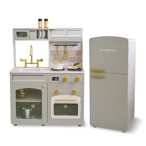 Image of Teamson Kids Little Chef Normandy Wooden Play Kitchen, Soft Green Modular Set with Separate Fridge, Sink, Click Knobs, Storage & 14 Accessories for Pretend Play