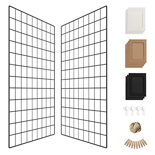 Image of Wall Photo Grid Shelf, Wall Hanging Ins Art Display Grid Panel for Decor & Storage, Metal Wire Notice Boards & Memo Board, Mesh Tool Organiser, Wall Photo Frame 2 Pcs (Black, 25.6 x 17.7 inches)