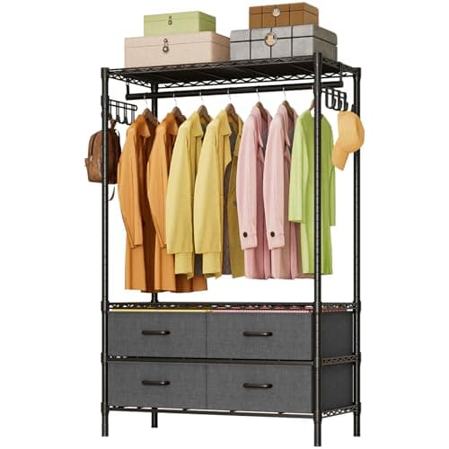 Image of FTEYUET Clothes Rail Heavy Duty Clothing Rail for Hanging Clothes, Adjustable Metal Garment Rack Coat Rail with 4 Fabric Drawers, Freestanding Open Wardrobe with Shelves (Black)