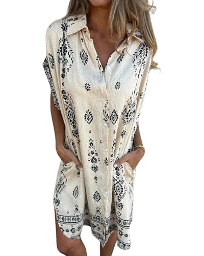 Image of Bsubseach Women Dress Lined Button Down Floral Print Short Sleeve Summer Casual Shirt Dress Apricot XL