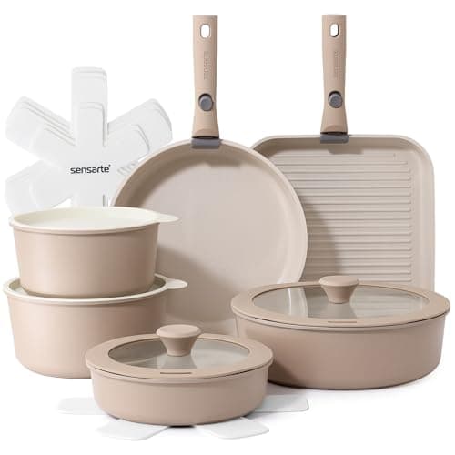 Image of SENSARTE 17 Piece Ceramic Pots and Pans Set, Nonstick Detachable Handle Cookware, Induction Kitchen Cookware Set with Removable Handle, Oven Safe (Almond Beige)