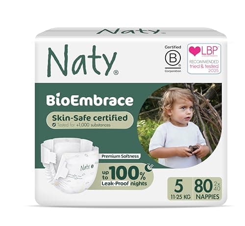 Image of Naty BioEmbrace Baby Nappies | Sensitive Skin Safe Certified | Leak Protection up to 100% | Plant-Based Softness, Premium Comfort | Chlorine-Free |Size 5 (11–25kg), 80 Count