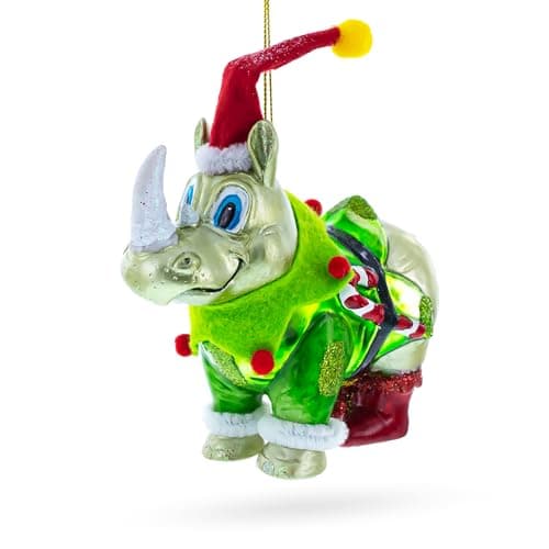Image of Festive Rhino in Santa Hat - Blown Glass Christmas Ornament
