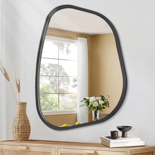 Image of HLFMVWE Asymmetrical Accent Mirror for Wall, Black Irregular Oval Wood Frame Modern Unique Wall Mirror Decorative Vanity Bathroom Living Room Bedroom Entryway Hallway Artistic Wavy Small 35 x 25CM